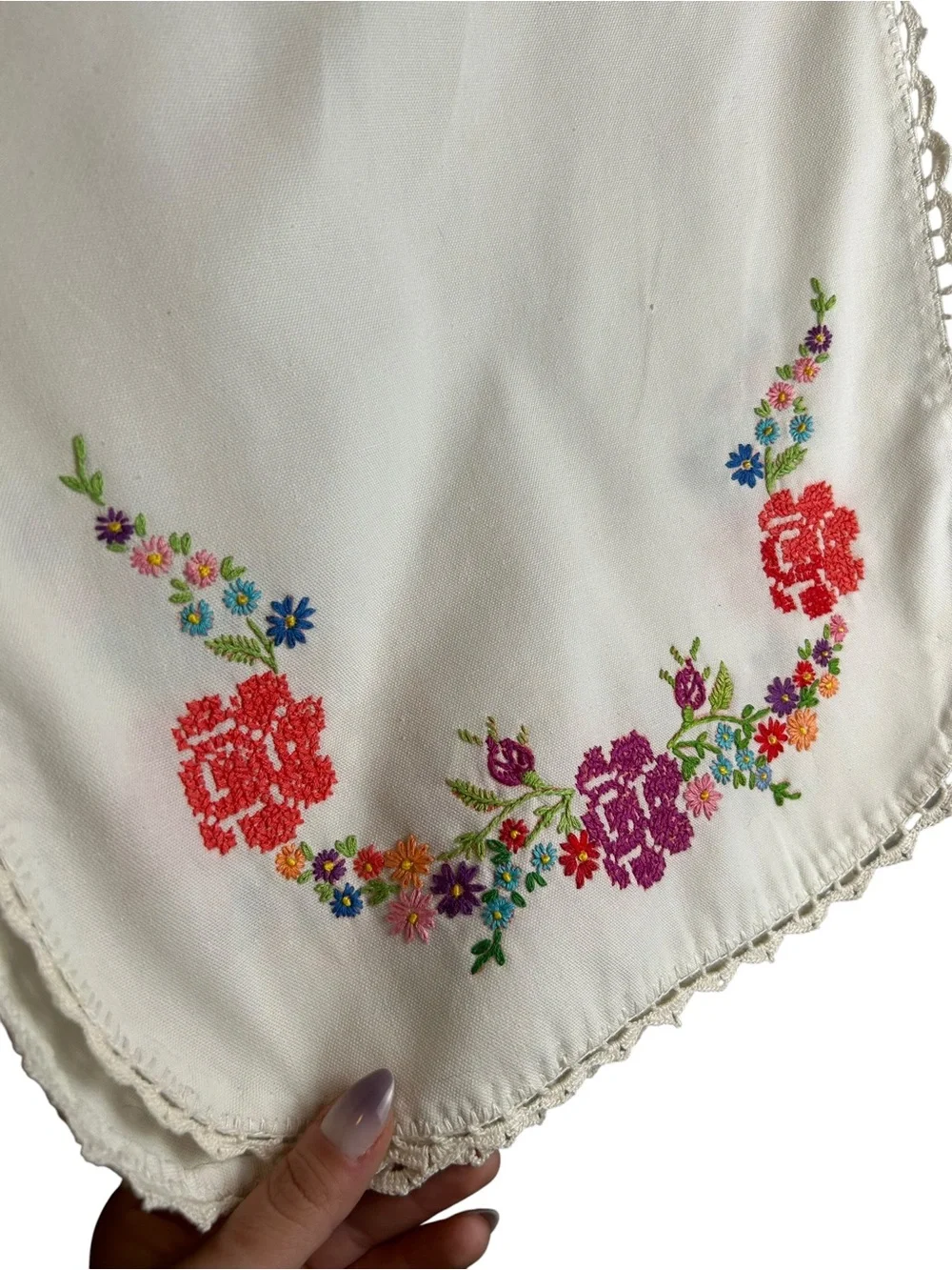 Vtg Embroidered Table Runner Rose Floral Cross Stitch Cottagecore 34”